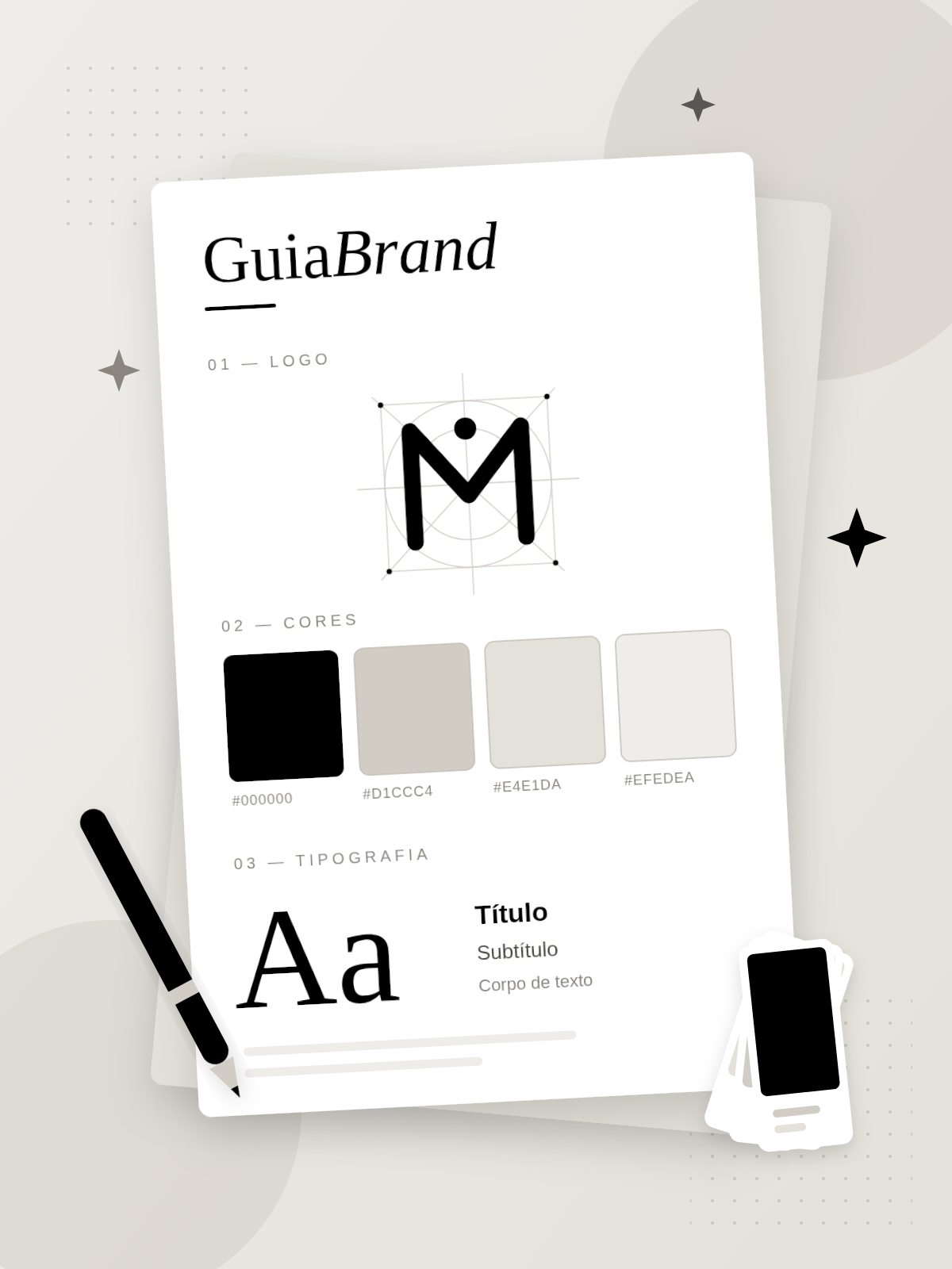 Ilustração do GuiaBrand com logo, paleta de cores e tipografia